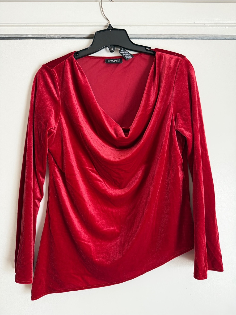 New York & Company Red Velvet Draped Cowl Neck Long Sleeve Top